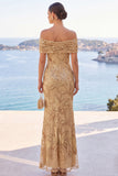 Golden Sequins Off the Shoulder Floral Embroidery Mermaid Maxi Dress
