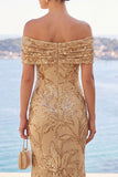 Golden Sequins Off the Shoulder Floral Embroidery Mermaid Maxi Dress