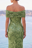 Golden Sequins Off the Shoulder Floral Embroidery Mermaid Maxi Dress