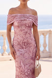 Golden Sequins Off the Shoulder Floral Embroidery Mermaid Maxi Dress
