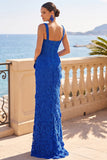 Royal Blue 3D Floral Lace Sheath Corset Maxi Dress with Slit