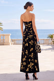 Black Golden Floral Printed A-Line Strapless Maxi Dress