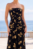 Black Golden Floral Printed A-Line Strapless Maxi Dress