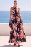 Black Halter Neck Floral Printed Pleated Chiffon Maxi Dress