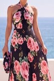 Black Halter Neck Floral Printed Pleated Chiffon Maxi Dress