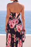 Black Halter Neck Floral Printed Pleated Chiffon Maxi Dress