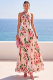 Black Halter Neck Floral Printed Pleated Chiffon Maxi Dress