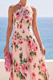 Black Halter Neck Floral Printed Pleated Chiffon Maxi Dress