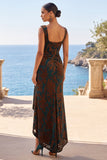 Dark Green Square Neck High‑Low Hem Jacquard Ruched Sheath Maxi Dress