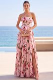 Black Tiered Ruffled Floral Printed Ruched Strapless Chiffon Maxi Dress with Slit