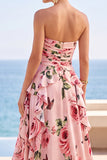 Black Tiered Ruffled Floral Printed Ruched Strapless Chiffon Maxi Dress with Slit