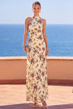 Apricot High Neck Floral Printed Sheath Maxi Dress