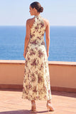 Apricot High Neck Floral Printed Sheath Maxi Dress