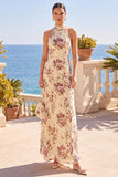 Apricot High Neck Floral Printed Sheath Maxi Dress