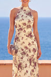 Apricot High Neck Floral Printed Sheath Maxi Dress