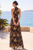 Apricot High Neck Floral Printed Sheath Maxi Dress