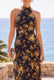 Apricot High Neck Floral Printed Sheath Maxi Dress