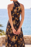 Apricot High Neck Floral Printed Sheath Maxi Dress