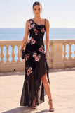 Black Asymmetrical One‑Shoulder Florla Velvet Ruffled Hem Maxi Dress
