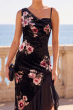 Black Asymmetrical One‑Shoulder Florla Velvet Ruffled Hem Maxi Dress