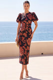 Black Round Neck Floral Bodycon Midi Dress with Puff Short Sleeves