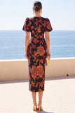 Black Round Neck Floral Bodycon Midi Dress with Puff Short Sleeves