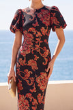 Black Round Neck Floral Bodycon Midi Dress with Puff Short Sleeves