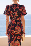 Black Round Neck Floral Bodycon Midi Dress with Puff Short Sleeves