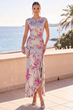Sparkly Silver Sequins Round Neck Floral Ruched Asymmetrical Ruffled Hem Maxi Dress with Slit