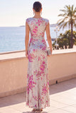 Sparkly Silver Sequins Round Neck Floral Ruched Asymmetrical Ruffled Hem Maxi Dress with Slit