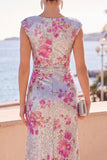 Sparkly Silver Sequins Round Neck Floral Ruched Asymmetrical Ruffled Hem Maxi Dress with Slit