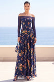 Navy Illusion Off the Shoulder Floral Embroidery Ruched Maxi Dress with Long Sleeves