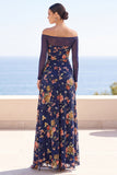 Navy Illusion Off the Shoulder Floral Embroidery Ruched Maxi Dress with Long Sleeves