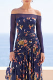 Navy Illusion Off the Shoulder Floral Embroidery Ruched Maxi Dress with Long Sleeves