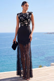 Round Neck Black Bodycon Sheer Lace Hem Maxi Dress
