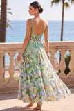 Green Corset Square Neck 3D Floral Appliques A-Line Midi Dress