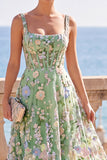 Green Corset Square Neck 3D Floral Appliques A-Line Midi Dress