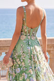 Green Corset Square Neck 3D Floral Appliques A-Line Midi Dress