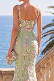 Dark Green Square Neck Floral Embroidery Mermaid Maxi Dress with 3D Appliques