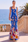 Dark Green Square Neck Floral Embroidery Mermaid Maxi Dress with 3D Appliques