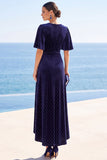 Polka Dots Navy V-Neck High‑Low Hem Midi Dress with Flutter Short Sleeves