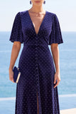 Polka Dots Navy V-Neck High‑Low Hem Midi Dress with Flutter Short Sleeves
