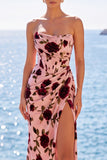 Pink Red Flower Corset Ruched Strapless Sheath Maxi Dress with Slit