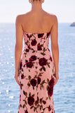 Pink Red Flower Corset Ruched Strapless Sheath Maxi Dress with Slit