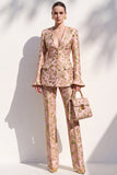 Brown Jacquard V-neck Flare Sleeves 2 Piece Single‑Breasted Women Suits with Pockets