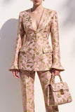 Brown Jacquard V-neck Flare Sleeves 2 Piece Single‑Breasted Women Suits with Pockets