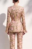 Brown Jacquard V-neck Flare Sleeves 2 Piece Single‑Breasted Women Suits with Pockets