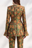Brown Jacquard V-neck Flare Sleeves 2 Piece Single‑Breasted Women Suits with Pockets