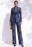 Dark Blue Floral Jacquard Fitted Mandarin Collar Women Suits with Pockets