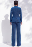Royal Blue Single‑Breasted Notched Lapel Vertical Stripe Women Suits
